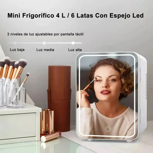 Mini nevera portátil con espejo y luz led